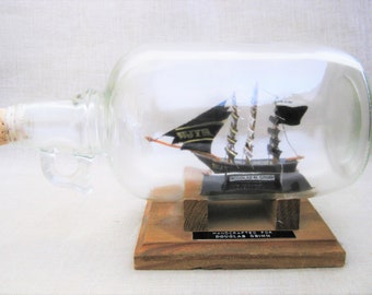 Vintage Ship in a Bottle Folk Art Whimsy Sculpture Handmade Nautical Décor Gift for Him