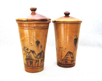 Tropical Round Wooden Box with Lid, Hand Painted Landscape, Vintage Kitchen and Office Storage Organization