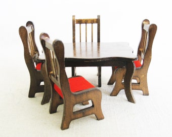 Vintage Dollhouse Dining Table and Chairs, Doll Size Miniature Furniture Wood w Red Upholstery