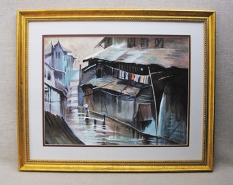 Vintage Asian Landscape Painting Urban Watercolor Framed Original Fine Art Ng Kwan