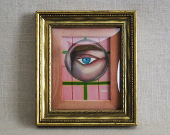 Framed Lovers Eye Painting Male Portrait, Original in Antique Frame with Pink Plaid Detail Home Décor Wedding Present
