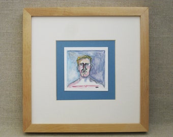 Framed Male Portrait Watercolor Painting Small Original Fine Art Wall Décor
