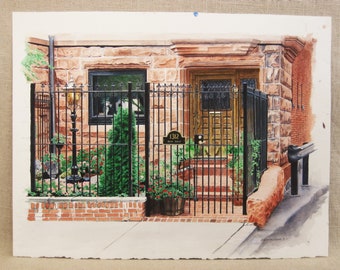 House Portrait Architectural Watercolor Painting, Original Vintage Wall Art, Chicago