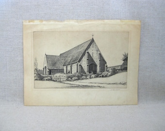 Vintage Tithe Barn Etching, Signed Alan Carr Linford, Great Coxwell