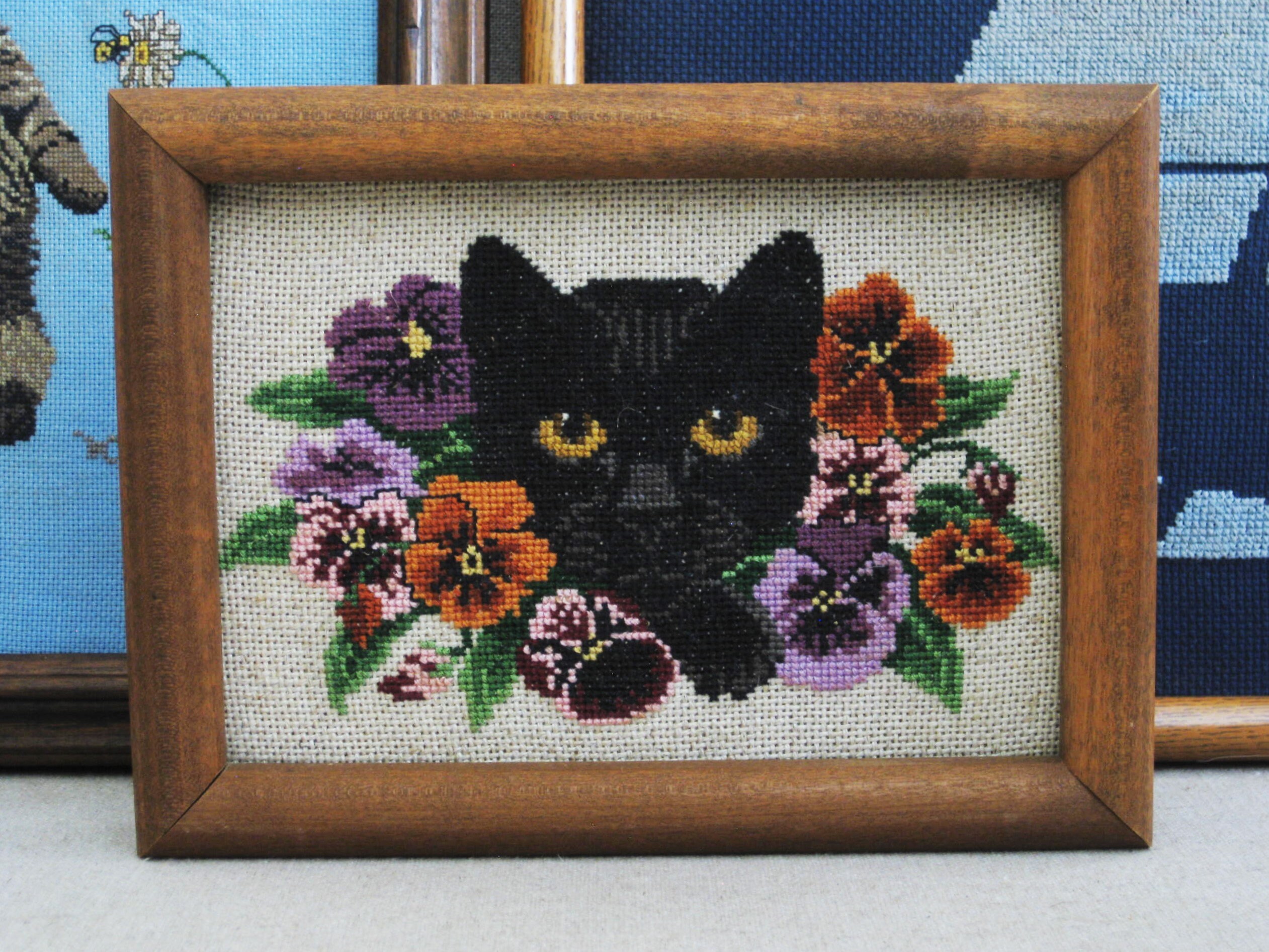 Vintage Cat Cross Stitch, Kitten, Collection Framed Embroidery Wall Decor