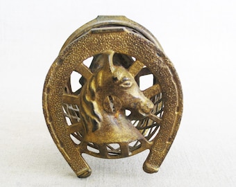 Horseshoe Piggy Bank, Arcade Cast Iron Equestrian Coin Saver Gold Gift for Kids