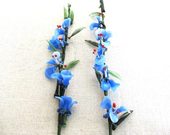 Blue Glass Flowers on Silken Wire Stem, Artificial Millinery Vintage Arts and Craft Supplies
