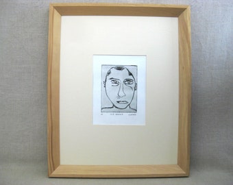 Contemporary Male Portrait Engraving, Framed Original Wall Art R. Brodar, Large Home Décor