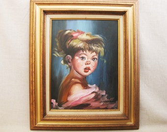 Mid-Century Female Child Portrait Painting, Framed Original Wall Art, Vintage Kids Room Nursery Décor