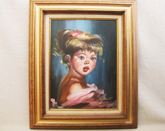 Vintage Female Child Portrait Painting Framed Original Fine Art Kids Room Décor