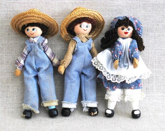 Folk Art Pin Dolls, Collection of 3 Rustic Cabin and Vintage Farmhouse Nursery Home Décor