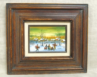 Winter Vintage Folk Art Landscape Painting by Kowalski Original Fine Art Rustic Cabin Décor