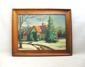 Vintage House Portrait Painting, Snowy Winter Landscape, Framed Original Architectural Wall Art