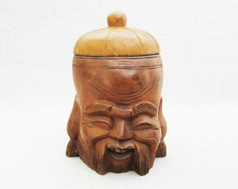 Asian Carved Wooden Mug, Vintage Male Figure Face Cup Portrait Carving, Lidded Box