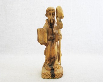Religious Folk Art Figure Statue, Male Portrait Wood Carving Sculpture, Vintage Rod of Asclepius, Home Altar Gift