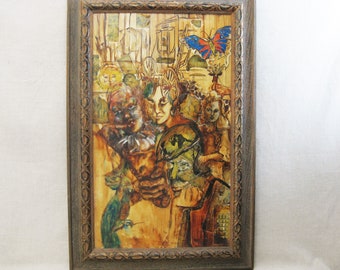 Mid-Century Surreal Portrait Painting, Original Dark and Moody Large Framed Vintage Wall Art