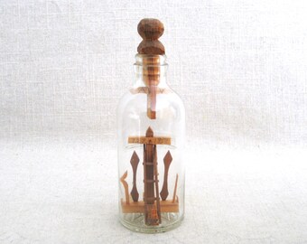 Vintage Folk Art Bottle Whimsey Sculpture, Assemblage Antique Religious Tramp Art Outsider Rustic Cabin