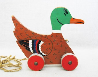 Vintage Duck Pull Toy Male Mallard Folk Art Toys, Rustic Cabin and Nursery Décor