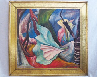 Colorful Mid-Century Abstract Painting, Original Framed Modern Wall Art Vintage Home Décor