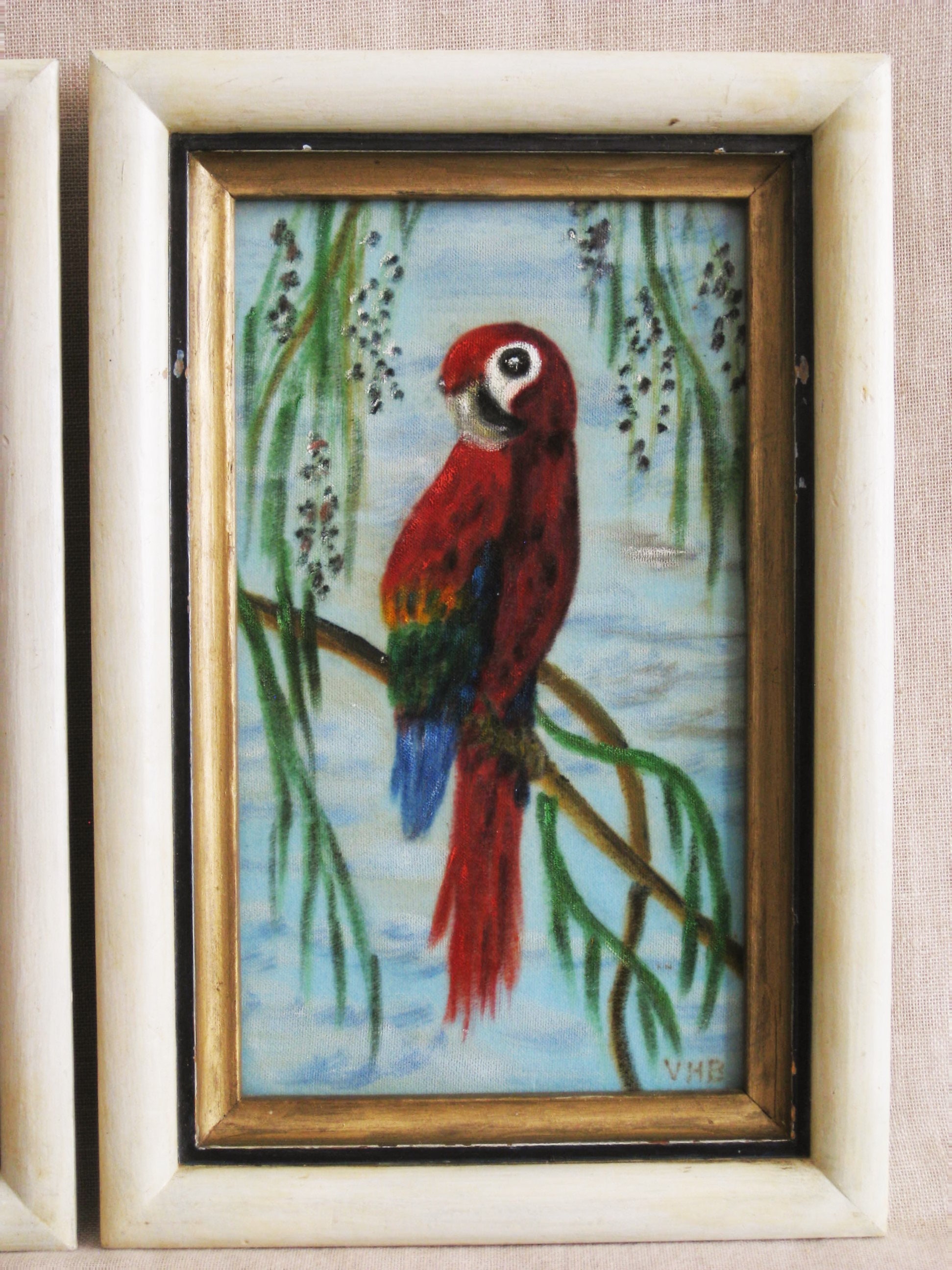 Vintage Parrot Paintings, Exotic Bird Art, Framed Folk Art Wall Decor