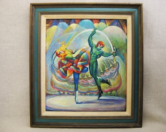 Vintage Ice Skater Portrait Original Painting of Male and Female Athletes Charles H Kellner Antique Oil Figure Skaters