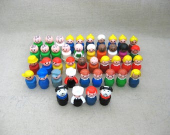 Vintage Fisher Price Little People Dolls, Collection 43 Pieces Miniature Male and Female Figures, Wood and Plastic