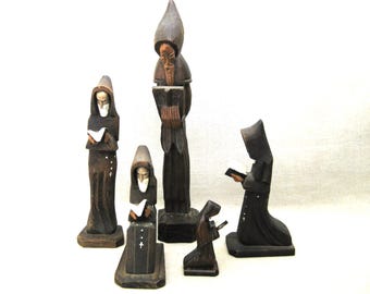 Vintage Santo Folk Art Monk Carving Collection, 5 Religious Male Figure Sculpture, Spiritual Altar