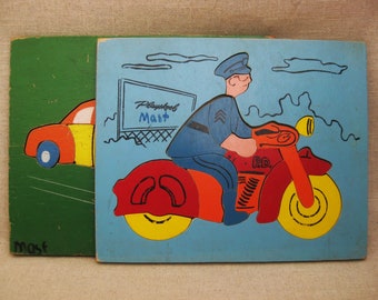 Vintage Car Puzzle, Policeman Wood Jigsaw, Childrens Toys Play Skool, Folk Art Wall Décor