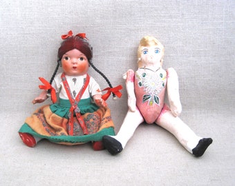 Vintage Mexican Souvenir Dolls Paper-Mache Composite Female in Traditional Costume