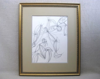 Abstract Portrait Figure Drawing, Original Vintage Mid-Century Framed Wall Art Modern Home Décor