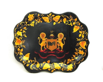 Large Toleware Painted Metal Tray, Family Crest Vintage Decorative Wall Décor Housewarming Gift