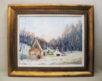 Winter Vintage Landscape Painting Snowy Rural Framed Original Fine Wall Art Housewarming Gift