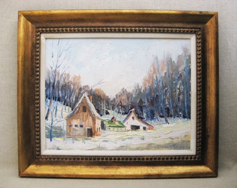 Snowy Rural Winter Landscape Painting, Large Original Mid-Century Vintage Wall Art, Home Décor