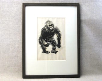 Vintage Gorilla Ink Drawing, Framed Original Wildlife Nature Art, Signed Animal Wall Décor