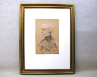 European Drawing Male Portrait, Original Framed Wall Art, Masculine Antique Figurative Décor