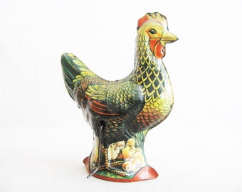 Vintage Rooster Tin Toy Litho Metal Cackler for Rustic Cabin and Farm Décor