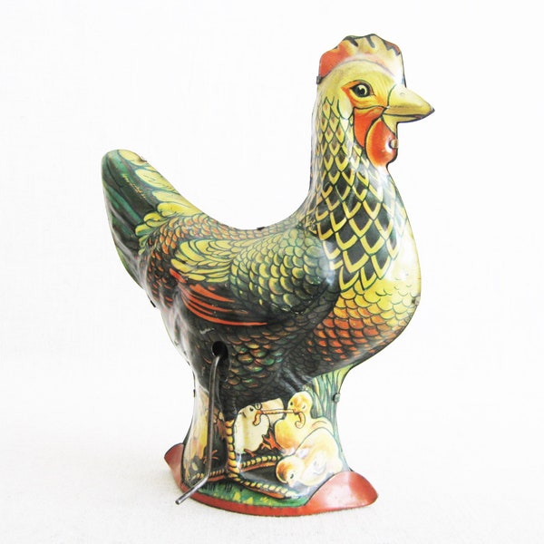 Vintage Rooster Tin Toy Litho Metal Cackler for Rustic Cabin and Farm Décor
