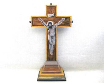 Standing Crucifix Religious Folk Art Sculpture, Vintage Hand Painted Portrait of Jesus on the Cross