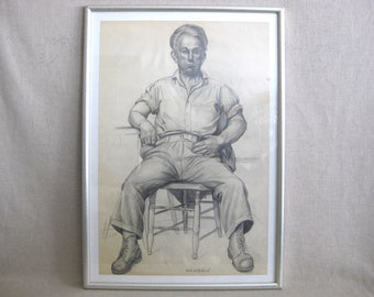 Mid-Century Male Portrait Drawing, Framed Original Fine Art of Men Masculine Wall Décor