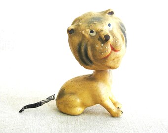 Vintage Lion Paper Mache Toy Figurine, Nodding Head Antique European Style Animal