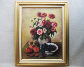Large Moody Floral Still Life Painting, Original Red and Pink Framed Vintage Wall Art Home Décor