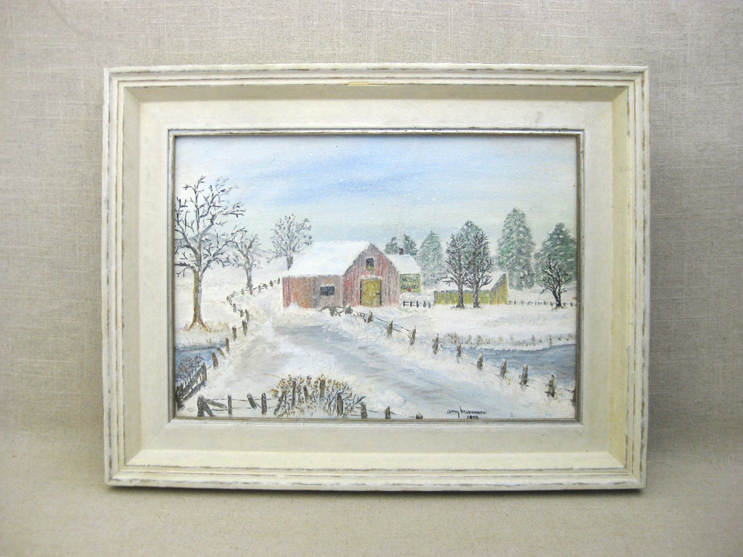 Folk Art Winter Landscape Painting, Original Framed Vintage Naïve ...