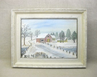 Folk Art Winter Landscape Painting, Original Framed Vintage Naïve Rustic Rural Scene with Horse and Sleigh
