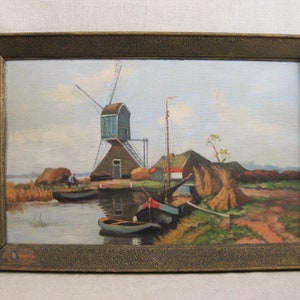 European Windmill Landscape Antique Oil Painting, Original Dutch Style Framed Wall Art Rustic Home Décor