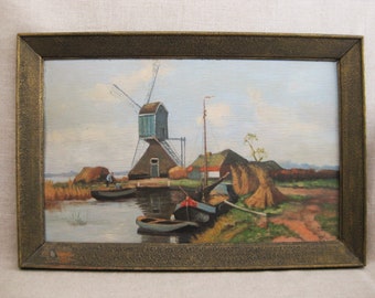 Dutch Style Vintage Landscape Painting of Windmills and Boats Framed European Antique Oil Wall Décor