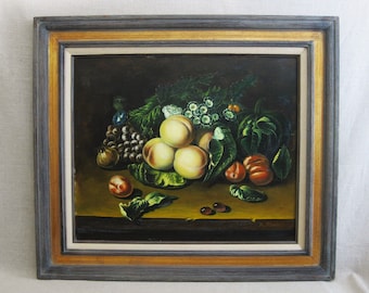 Large Vintage Still Life Oil Painting of Fruit European Style Framed Original Fine Art signed A Ramon