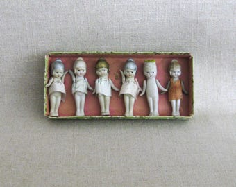 Vintage Bisque Penny Dolls, Set of 6 Girls, in Original Box, Miniatures, Marked Japan
