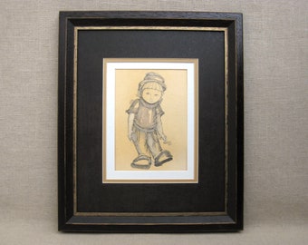 Vintage Child Portrait Pen and Ink Drawing Framed Original Fine Art Wall Décor Artful Gift