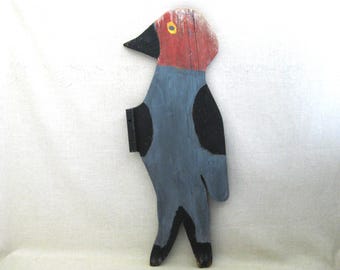 Vintage Folk Art Woodpecker Sign, Wall Hung Primitive Nature Art