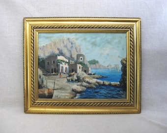 European Coastal Landscape Painting ,Original Framed Ocean Beach Front Wall Art Vintage Traditional Home Décor